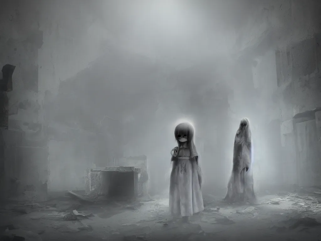 Image similar to cute fumo plush girl ghost in a mysterious concrete wartorn brutalist ruin, chibi gothic wraith maiden of the afterlife, dramatic three point lighting, glowing wisps of hazy smoke and volumetric fog swirling about, production volume rendering, vray