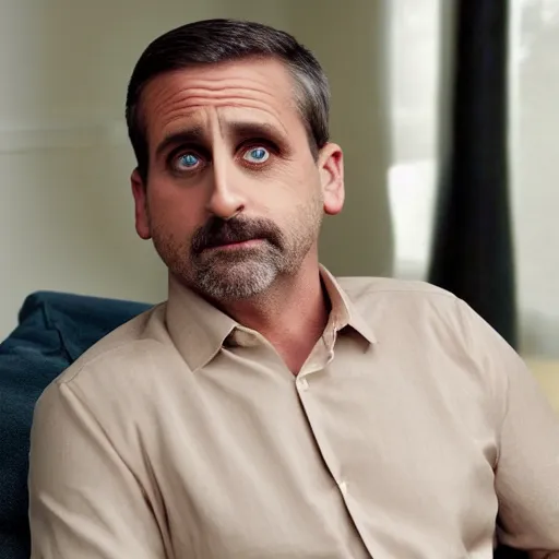 Image similar to full body photo of steve carell, mature male, mysterious face. he is sitting gracefully on a sofa, elegant slim beige shirt, tight shirt, bouncy belly