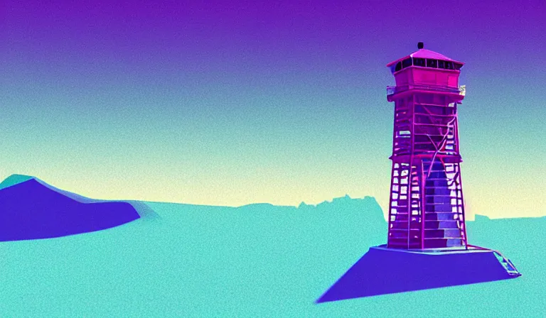 Image similar to a beautiful sharp focus vintage vaporwave ombre vector art rendering, outrun style, of a fire lookout tower on the surface of mars. trending on artstation. recommended for you behance. by edward hopper. by chris moore. beeple colors. ambient occlusion. digital matte painting. metropolis filmic. gotham city. overcast.