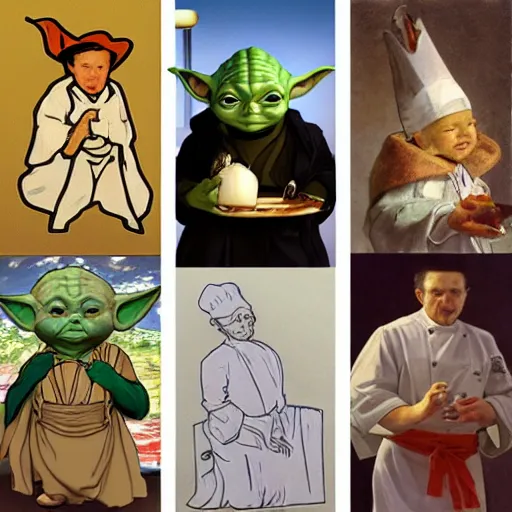 Prompt: baby yoda as a chef wearing a white apron and wearing a white chef's hat with vegetables, by Jan van Eyck, by alphonse mucha, by Noah Bradley, by Dr. Suess