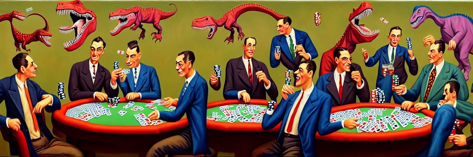 Image similar to dinosaurs wearing vintage suits, playing poker and drinking beer, 1 9 5 0's, oil painting, hyperdetailed