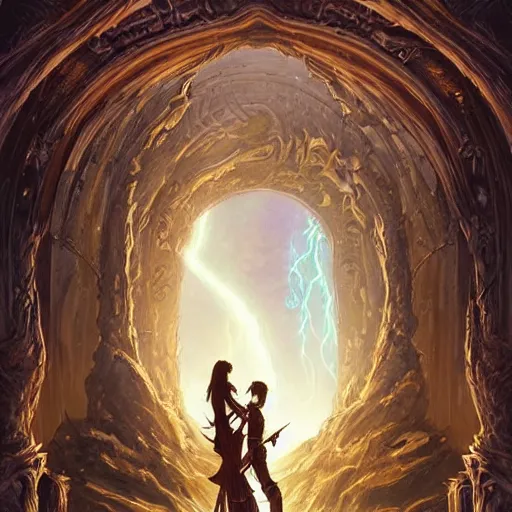 Prompt: a young couple, a mortal male rogue and a lightning goddess! hugging each other in front of the portal of eternity!, D&D, fantasy, intricate, elegant, highly detailed, digital painting, artstation, concept art, matte, sharp focus, illustration, hearthstone, art by Artgerm and Greg Rutkowski and Alphonse Mucha