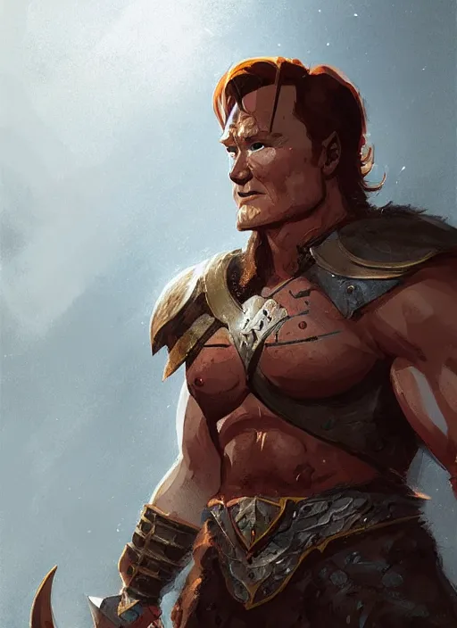 Image similar to illustration of conan o'brien as a dnd paladin with big muscles, by greg rutkowski artstation