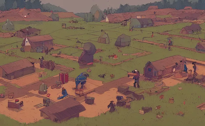 Image similar to people farming on a farm, small village, moebius, james gilleard, print, game art