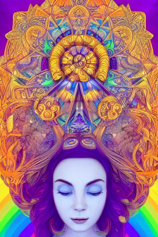 Image similar to beautiful goddess of space and dreams, psychedelic, mandala, coherent design, symmetrical, face by artgerm, trending on artstation, vivid color, complementary color, golden ratio, detailed, sharp lines, sharp focus, intricate, rainbowshift, maxfield parrish, alphonse mucha, deviantart, octane render