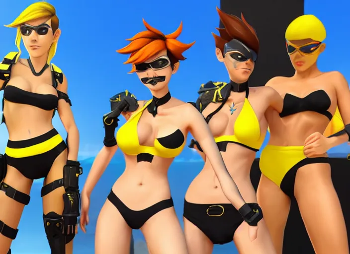 KREA - tracer game character, in yellow bikini, blonde hair, black