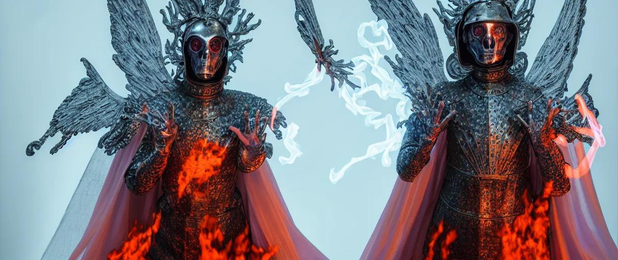 Image similar to hyperrealist highly detailed english medieval portrait of high fashion archangel wearing flame fire smoke flame armor, radiating atomic neon corals, veiny network growth with ghostly ghost translucent ghost armor, concept art pascal blanche dramatic studio lighting 8k wide angle shallow depth of field