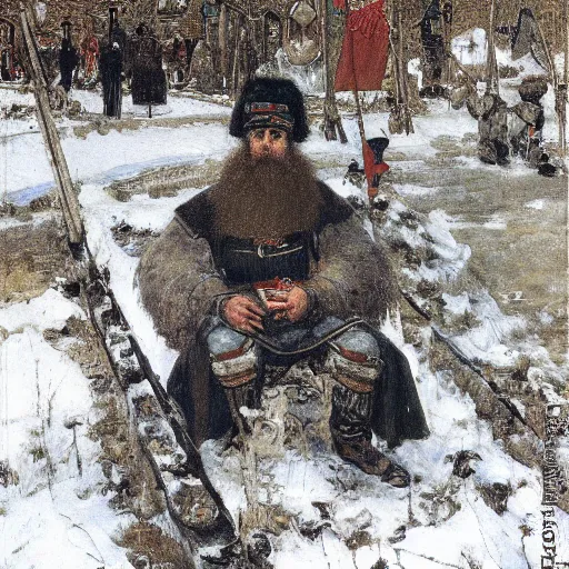 Image similar to portrait of Ivan the Terrible listening smartphone masterpiece painting by vasnetsov and surikov, JEAN-VICTOR BERTIN, by Terence Cuneo, detailed, artfully traced, 4k resolution, cinematic, dramatic