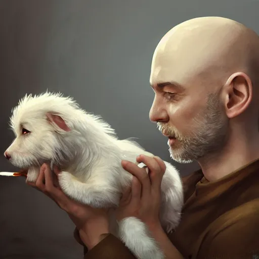 Prompt: bald french man hugging a small white dog while eating a croissant, fantasy, high detail, elegant, digital painting, cinematic lighting, vibrant, intricate, textured skin, highly detailed, artstation, sharp, focus, hdr, unreal engine 5, breathtaking, illustration, anna dittmann, ilya kuvshinov, nikolay makovsky