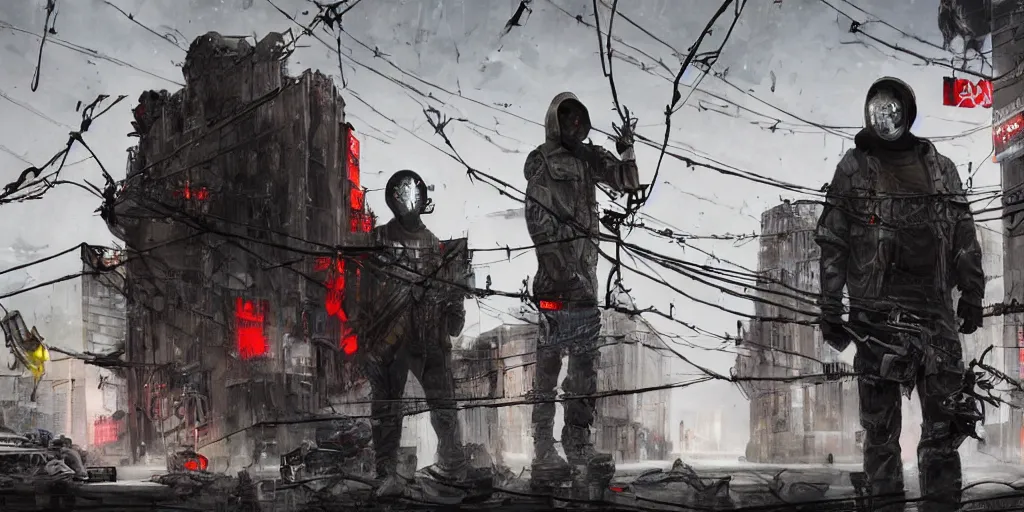 Image similar to cinematic shots of teenagers with tactical clothing and hoods hanging from wires on top of the capitol building covered with giant graffitis, dystopian future, industries in ruins, sci - fi, night lights, haze, concept art, intricate, in the style of katsuhiro otomo, akira, unreal engine