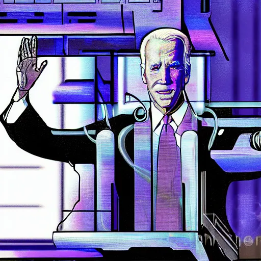 Prompt: A cybernetic Joe Biden as an android giving a speech, digital painting, cyberpunk