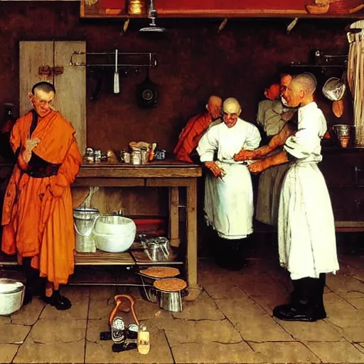 Prompt: A kitchen wench serving beers to a group of monks, artist Norman Rockwell,