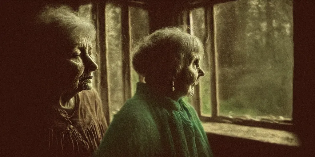Image similar to portrait bust of old woman, solemn expression, faded color film, russian cinema, tarkovsky, kodachrome, inside old cabin, next to window, heavy forest outside, long brown hair, old clothing, heavy fog, green brown color palette, hudson river school, 4 k, dramatic lighting, greg rutkowski