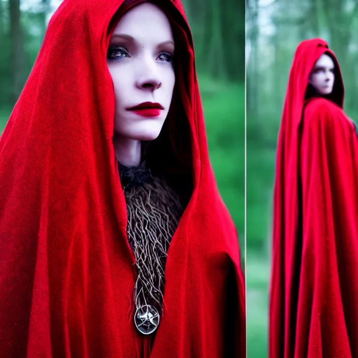 Prompt: photograph of a real-life beautiful red witch with intricate cloak. Extremely detailed. 8k