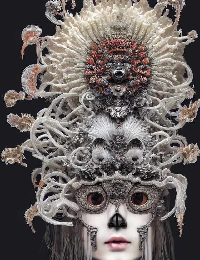 Image similar to goddess macro close - up portrait wigh crown made of ram skull. beautiful intricately detailed japanese crow kitsune mask and clasical japanese kimono. betta fish, jellyfish phoenix, bioluminiscent, plasma, ice, water, wind, creature, super intricate ornaments artwork by tooth wu and wlop and beeple and greg rutkowski