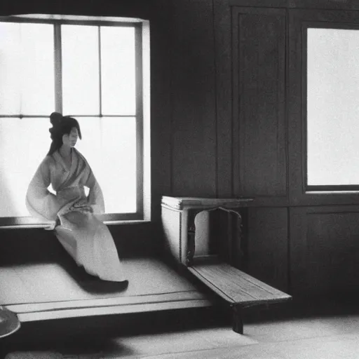 Image similar to a woman in a hanbok sitting on a couch, a starfish arm coming through the window, minimal cinematography by Akira Kurosawa, movie filmstill, 1950s film noir, thriller by Kim Jong-il and Shin Sang-ok, monster movie, tri-x 3200