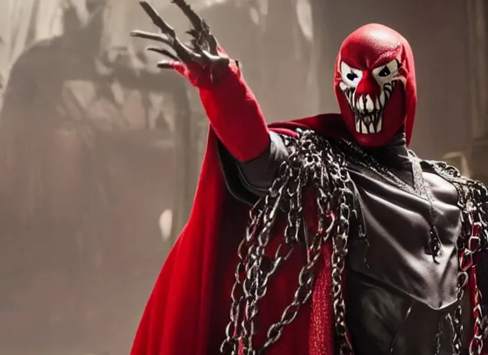 Image similar to film still of jamie foxx as spawn in the new spawn movie, giant chains, large cape, 8 k