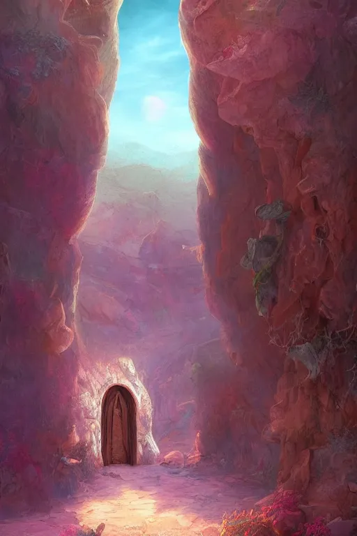 Image similar to digital painting of a doorway in a desert that leads to a secret garden, concept art, artstation, fantasy, fantasy aesthetic, fantasy vibe, colorful, faded effect, artstation, trending, detailed, small details, scenery,