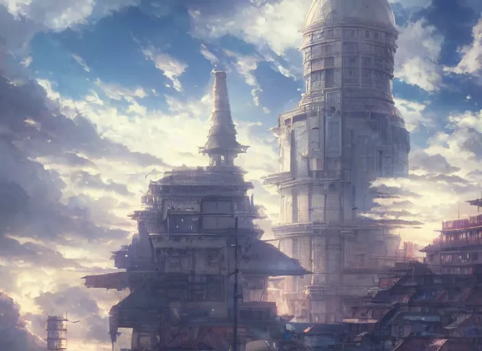 Image similar to ultra realistic city on clouds, 8 k, hd, details, fantasy, epic, ancient city, landscape illustration concept art anime key visual trending pixiv fanbox by wlop and greg rutkowski and makoto shinkai and studio ghibli and kyoto animation symmetrical facial features