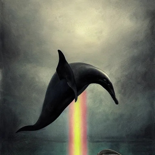 Prompt: a hyper realistic painting of the grim reaper riding a dolphin jumping over a rainbow, death, black cloak, by greg rutkowski and santiago caruso,