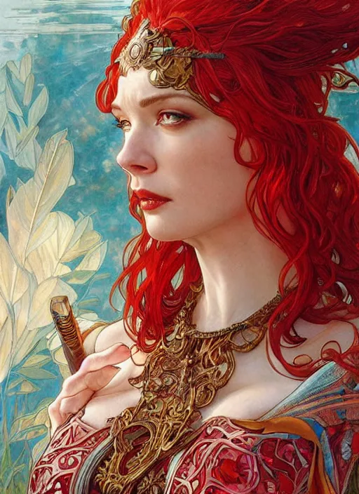 Prompt: Christina Hendricks as a beautiful warrior woman, fantasy, intricate, elegant, highly detailed, centered, smooth, sharp focus, bright red, art by artgerm and donato giancola and alphonse mucha