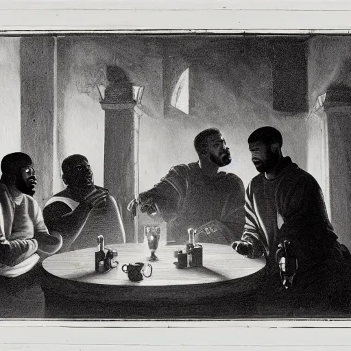 Image similar to 2 1 savage and 5 0 cent and drake huddled around a table with a lantern in a dark pub like in the denial of st. peter by gerard seghers