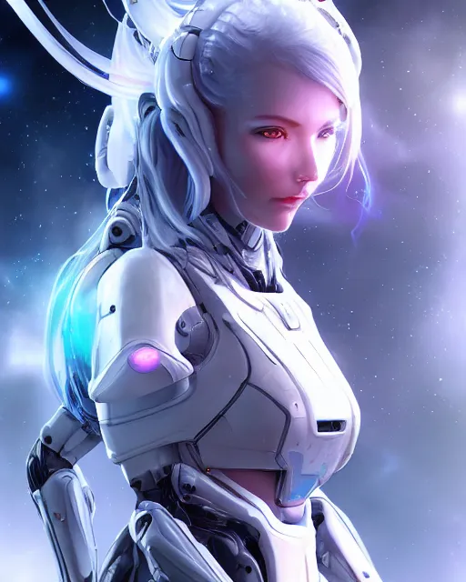 Image similar to perfect android girl on a mothership, warframe armor, beautiful face, scifi, futuristic, galaxy, nebula, raytracing, dreamy, long white hair, blue cyborg eyes, sharp focus, cinematic lighting, highly detailed, artstation, divine, by gauthier leblanc, kazuya takahashi, huifeng huang