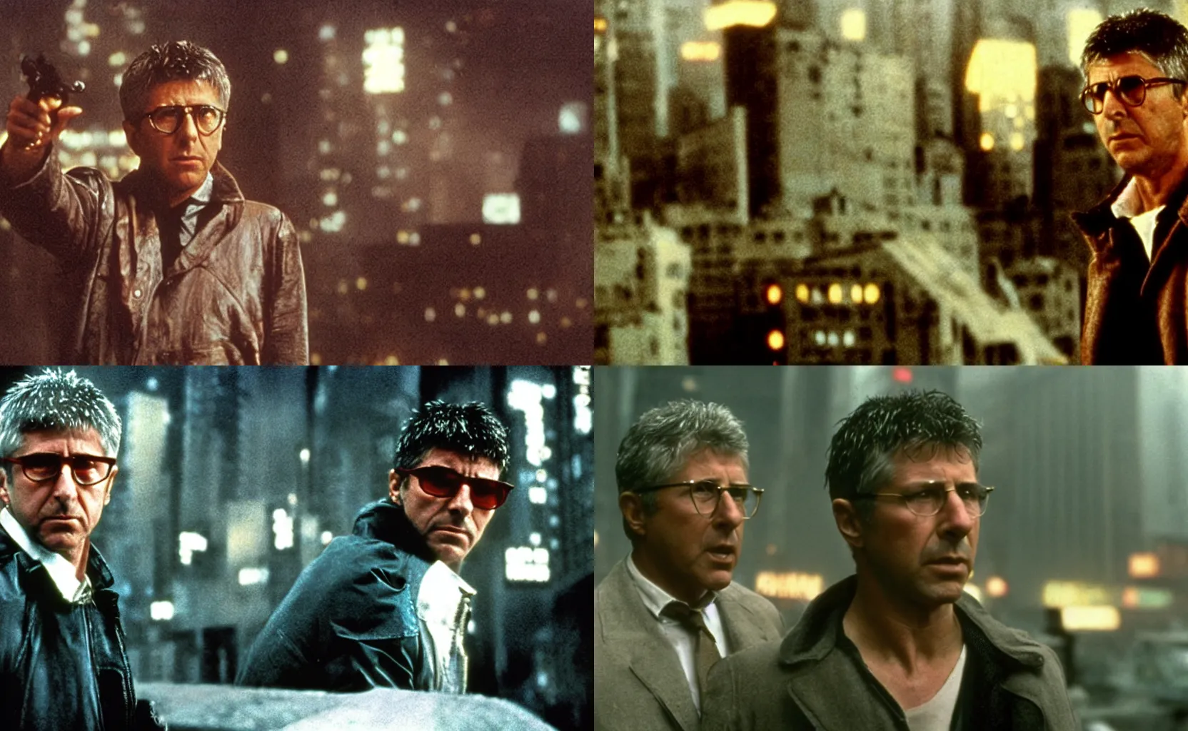 Prompt: movie still, dustin hoffman as rick deckard, bespectacled, harried, tired expression, in blade runner directed by ridley scott, deckard's apartment in background