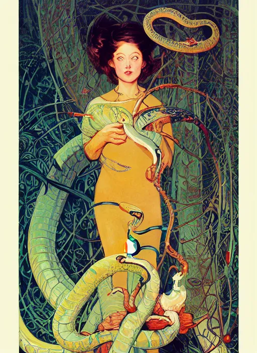 Prompt: an art nouveau illustration of a girl wearing an anorak holding a snake by kilian eng, john berkey and norman rockwell