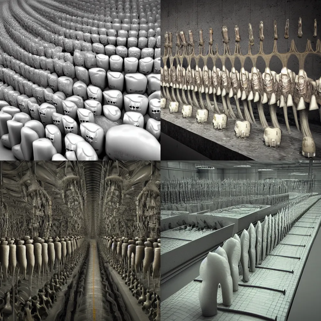 Prompt: hr giger - designed assembly line made of teeth and gums. assembly line made to chew objects. nightmare 3 d cinematic render, volumetric lighting, photorealistic, by hr giger.