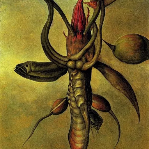 Image similar to carnivorous plants, by Odd Nerdrum, by Francisco Goya, by M.C. Escher, beautiful, eerie, surreal, colorful