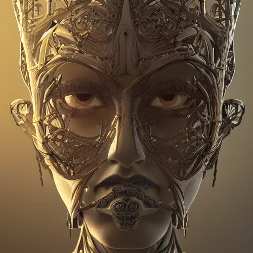 Prompt: beatifull frontal face portrait of Emma Watson, biomechanical sculpture, mandelbrot fractal, intricate, elegant, highly detailed, ornate, elegant , luxury, beautifully lit, ray trace, octane render in the style of Gerald Brom and James gurney