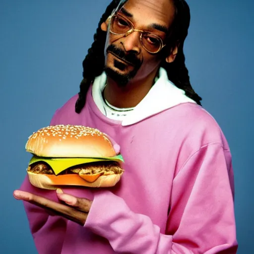 Image similar to Snoop Dogg holding a cheeseburger for a 1990s sitcom tv show, Studio Photograph, portrait, C 12.0