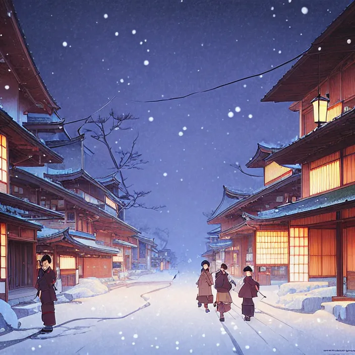 Image similar to empty rural japanese town at night, winter, in the style of studio ghibli, j. c. leyendecker, greg rutkowski, artem