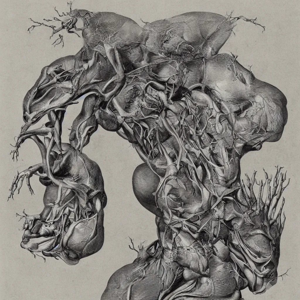 Prompt: anatomical engraving of an unknown specie, anatomical study of animal hybrids from another universe