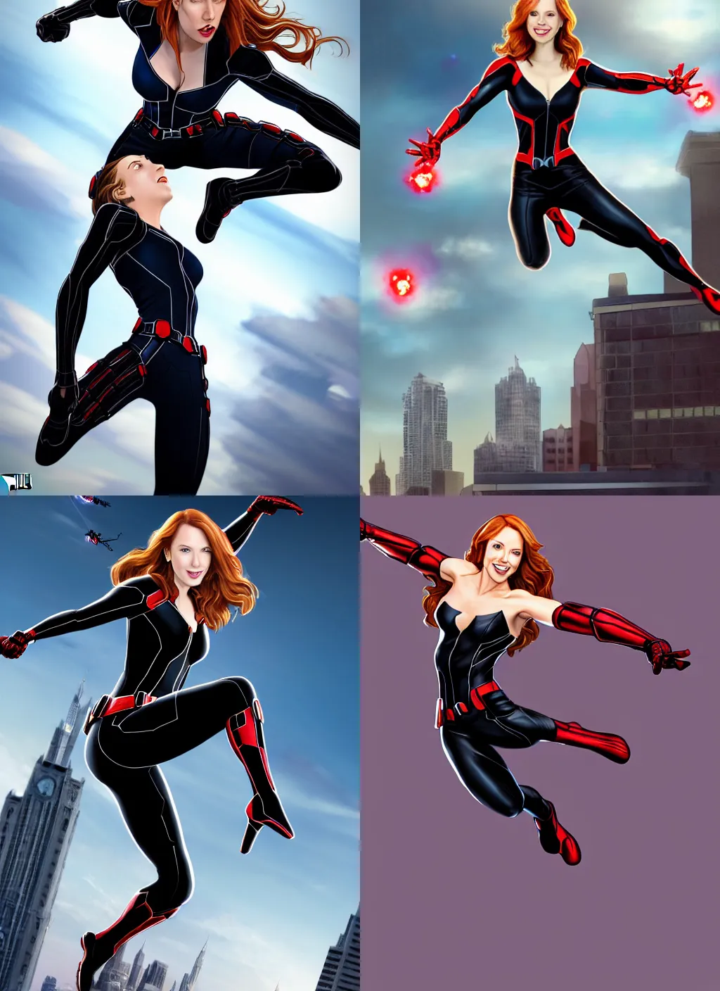 Image similar to Beautiful female Elyse Levesque as Black Widow Marvel smile and showing face:: action pose leaping in the air, acrobatic pose, exciting, fun, realistic character concept:: on rooftop of building:: comic book, illustration, slender symmetrical body, symmetrical face, full hand, full feet:: artstation, cinematic lighting, hyperdetailed, cgsociety, 8k, high resolution:: Tom Bagshaw, Joshua Middleton, Gottfried Helnwein, Rafeal Albuquerque comic:: insanely detailed and intricate