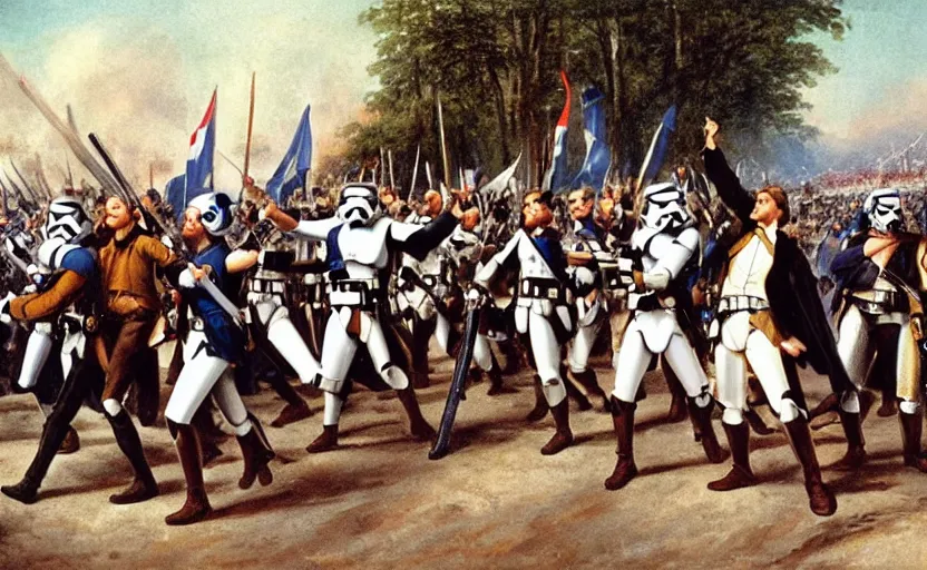 Image similar to liberty leading the people, french revolution, jedi, ewoks, stormtroopers