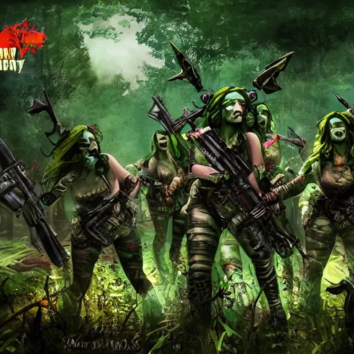 Image similar to squad of beautiful armed zombie girls in army of nurgl warhammer in fantasy green forest between a trees fights with a monster, dark fantasy, highly detailed, trending on artstation, Unreal Engine 4k