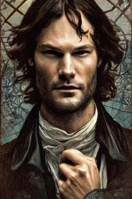 Image similar to a detailed matte portrait of jared padalecki in a supernatural sherlock holmes story, 1 8 th century london in the rain, city streets, ominous, masterpiece, 8 k, art by alphonse mucha and greg rutkowski