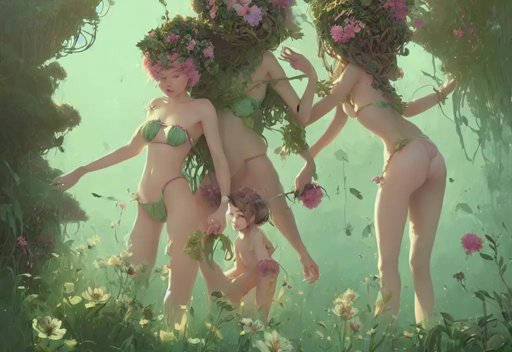 Image similar to two cute fairy women with crown of flowers in plants mini bikini, fantasy, by atey ghailan, by greg rutkowski, by greg tocchini, by james gilleard, by joe gb fenton, by in kaethe butcher, dynamic lighting, gradient light green, brown, blonde cream and white color in scheme, grunge aesthetic