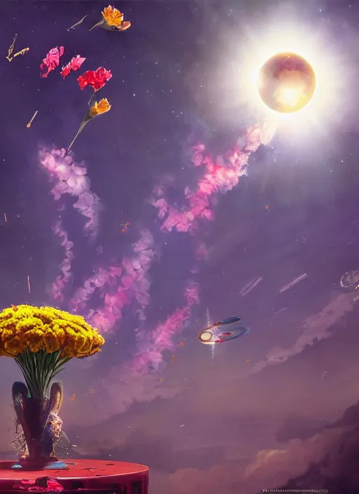 Image similar to An epic fantastic realism comic book style painting of the most beautiful flowers launched into space, bouquets, solar eclipse, fisheye, unreal 5, DAZ, hyperrealistic, octane render, dynamic lighting