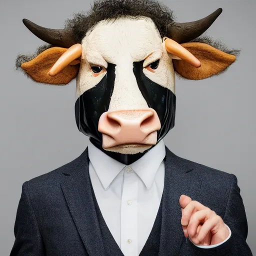 Prompt: high quality picture of a man in a suit wearing a latex mask of a mad horrific cow, by James Jean, natural lighting