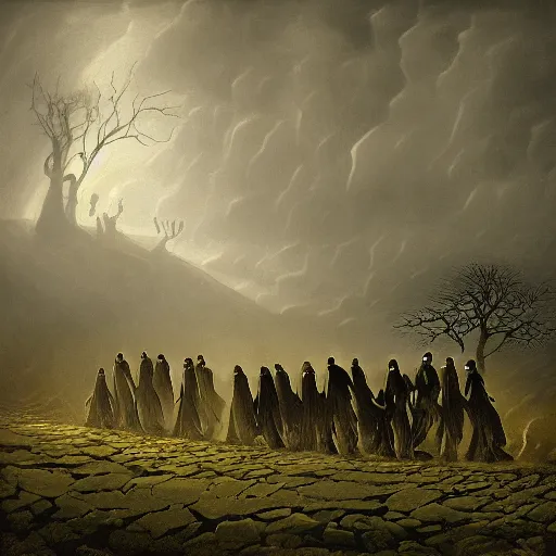 Image similar to A beautiful digital art of a coffin being carried by six men through an ethereal, otherworldly landscape. The coffin is adorned with a relief of a skull and crossbones, and the men are all wearing hooded cloaks. The landscape is eerie and foreboding, with jagged rocks and eerie, glowing plants. light by Marius Borgeaud, by Jennifer Rubell, by Piet Hein Eek Trending on artstation