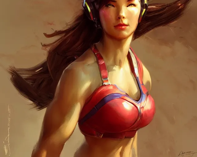 Image similar to portrait of d. va from overwatch as a beautiful female bodybuilder amazon with plump lips, elegant, fantasy, hd shot, digital portrait, beautiful, artstation, comic style, by artgerm, guy denning, jakub rozalski, magali villeneuve and charlie bowater