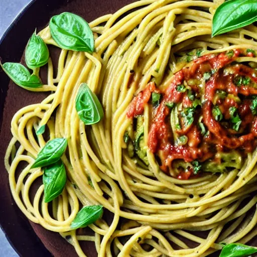 Prompt: a spaghetti with avocado sauce, food photography