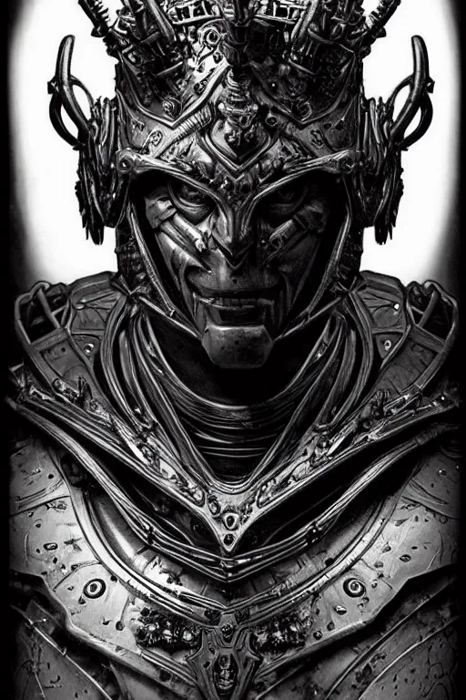 Image similar to a malevolent and stoic alien king bust, with hungry conquering eyes, extremely detailed frontal angle, art nouveau cyberpunk engraved armor and intricate crown of infinite power, perfectly symmetrical facial structure and framework, honorable and honest facial features of ageless wisdom, by bill sienkiewicz, frank frazetta and travis charest, dark sci-fantasy, ornate complexity, male face and bust, accurate human anatomy mixed with alien and cyborg characteristics, sci-fi character concept, photorealism, epic art nouveau framing, stunning lighting, hyperrealism, 8k