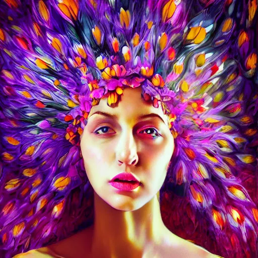 Image similar to giant flower under head, woman next to modern windows, luxury apartment, surreal photography, dramatic light, impressionist painting, digital painting, artstation, arthur adams