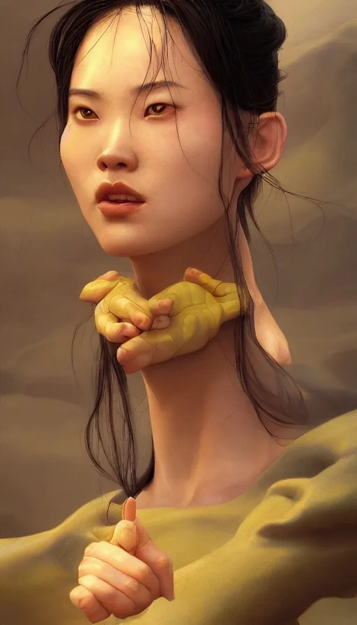 Prompt: epic masterpiece mulan, drama, sweaty skin, hyperrealistic, octane render, cinematic, beautiful face and flawless skin, perfect hands, 5 fingers, yellow by Edgar Maxence and Ross Tran and Michael Whelan and Lorenzo Sperlonga, Brom, Legends of Runeterra