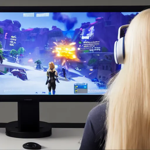 Image similar to view from behind of a female with long blonde hair wearing headset watching monitor displaying fortnite, intricate detail, cinematic composition