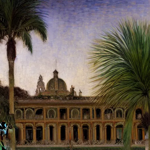 Image similar to a ultradetailed beautiful painting of the night on the amazonas palace by jules bastien - lepage, hans belmer, frank weston and gustave baumann, trending on artstation, mediterranean, palm trees, light sparkles, sharp focus, soft light, 8 k 4 k